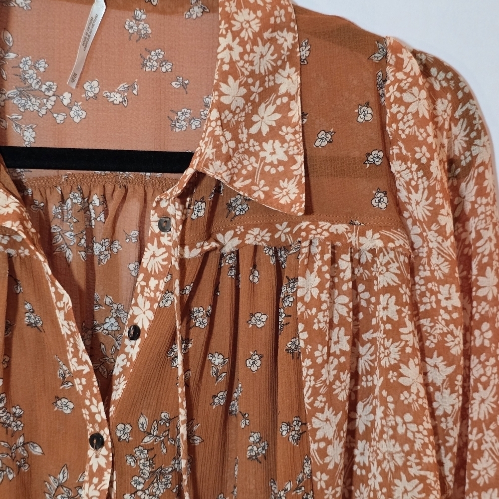 Free People Serena Rust Floral Patchwork Bell Sleeve Button Front Top 70s, Sz XS - Picture 6 of 10